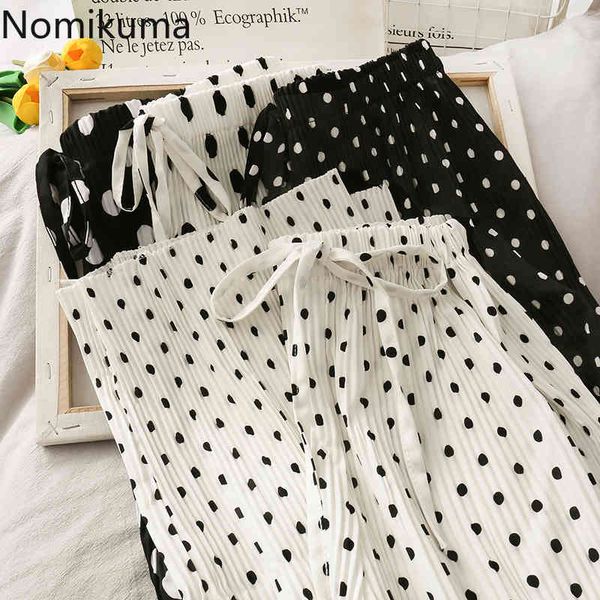 

nomikuma drawstring lace up stretch waist wide leg pants casual loose polka dot trousers women summer chic pantalones femme 210514, Black;white