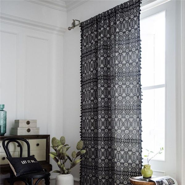 

1.5m width jacquard geometric black fringed boho style kitchen country bay window half shade curtain & drapes
