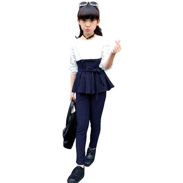 

teen girls clothing striped blouse + pants outfits patchwork kids clothes spring autumn children's tracksuits 210528, White