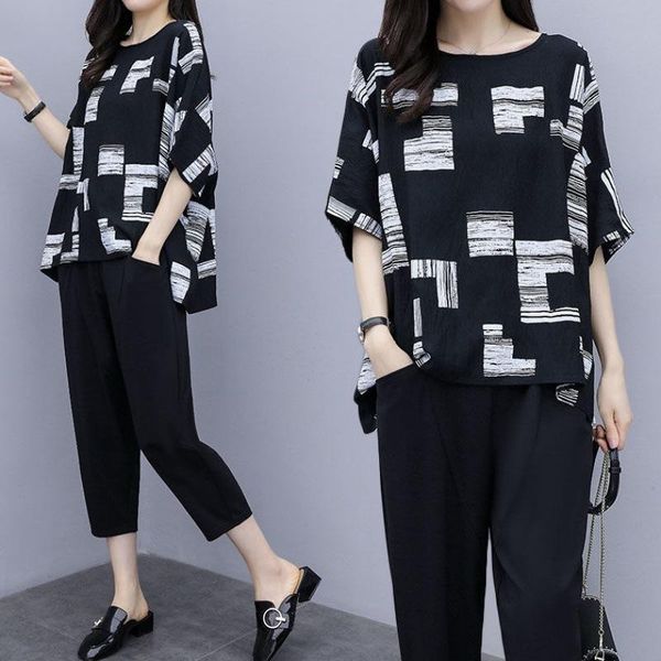 

women's two piece pants 5xl large size tracksuit women set summer clothes casual loose t-shirt and suits fashion women' sets outfi, White