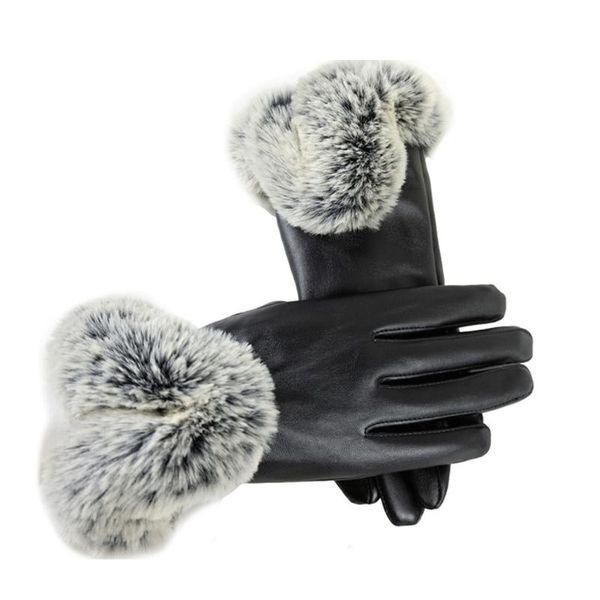 

cycling gloves 1 pair womens faux leather autumn winter warm fur mittens, Black