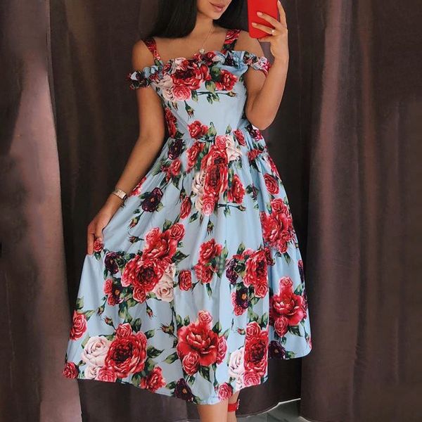

casual dresses summer print floral midi women sling off shoulder ruffles a-line dress backless high waist boho swing female 73a8, Black;gray