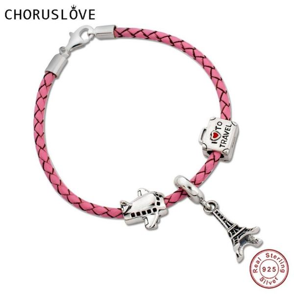 

charm bracelets choruslove pink braided leather bracelet with paris travel 925 sterling silver lobster clasp for gift sj2002, Golden;silver