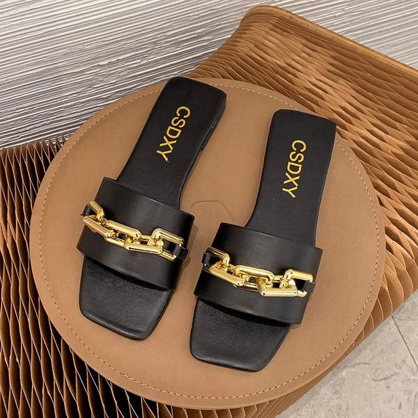 

slippers plus size summer women's flats metal chain ladies slides square toe flip flops woman beach slipper slip on female shoes, Black