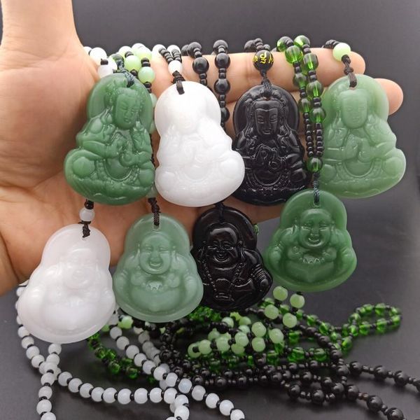 

pendant necklaces natural stone maitreya buddha necklace for women men chinese carved amulet choker jewelry, Silver