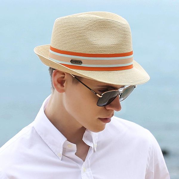 

wide brim hats fashion summer casual beach trilby large jazz sun hat panama paper straw women men cap with ribbon visorhat, Blue;gray