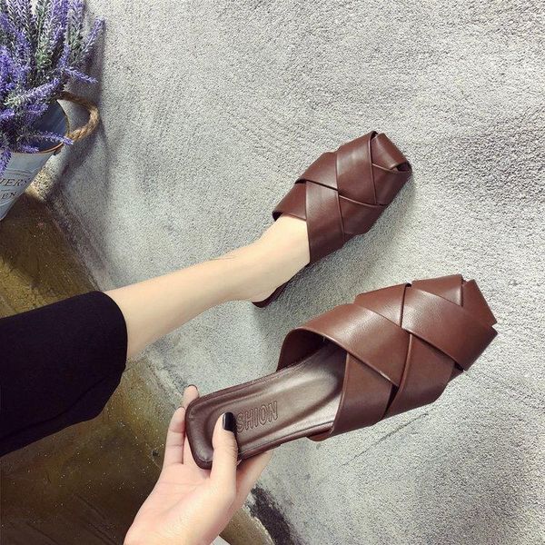 

summer korean style flat slides women's casual baotou slippers, Black