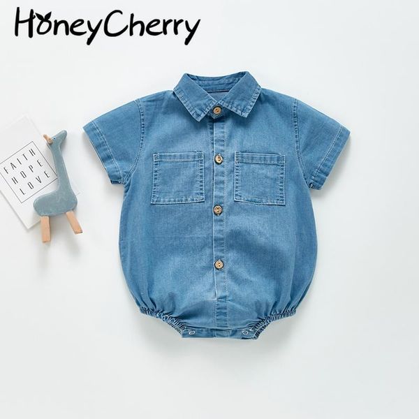 

summer boy treasure creeps to wear handsome cowboy turn over the one-piece clothes baby rompers, Blue