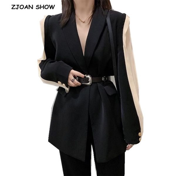 

autumn long sleeve stitching ruffles black blazer vintage korea women notched contrast color suit ol coat outwear 210429, White;black
