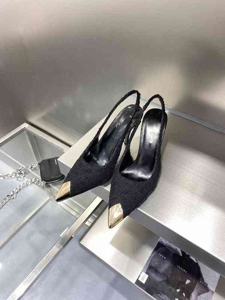 

brand women's luxury dress shoes ladies fashion tweed slingback pumps with pointed patent leather toe caps lady's high heels sanda, Black