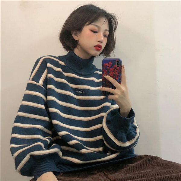 

women clothes casual autumn womens sweaters long sleeve oversize cotton pullovers striped korean turtleneck harajuku dropshipping, White;black