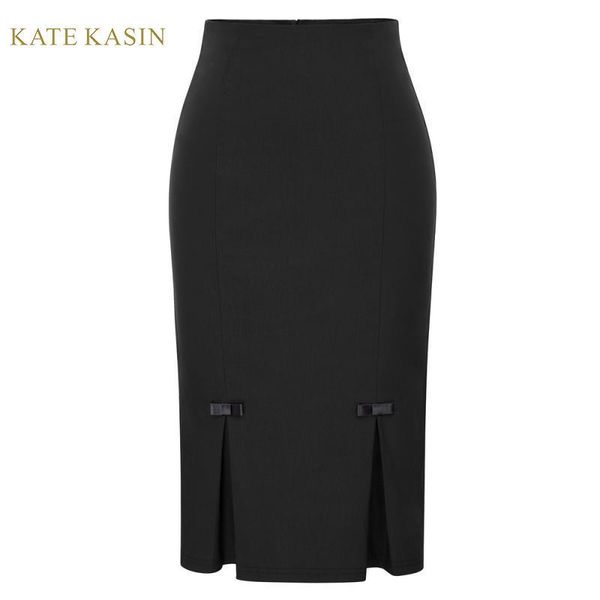

skirts kate kasin women midi high waist office stretchy pencil skirt with bowknot retro party hips-wrapped bodycon faldas 2021, Black