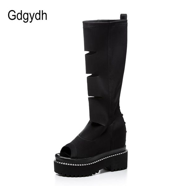 

gdgydh 2021 spring open toe stretch fabric boots women platform wedges shoes summer hollow out thigh high heels, Black
