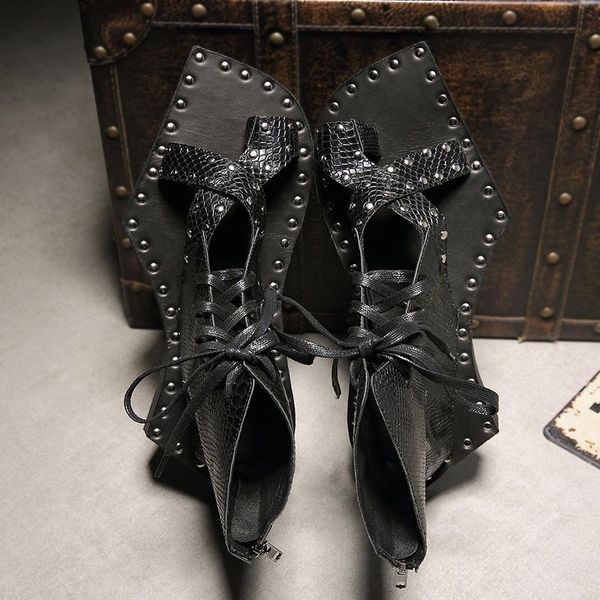 

sandals 2021 design runway genuine leather snakeskin casual lace up vintage gladiator geometric shape sole mens shoes, Black