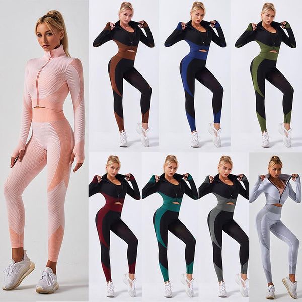 

yoga outfit women seamless long sleeve set 2 piece sports jacket+pants sportswear tracksuit gym fitness leggings costume jogging suit
