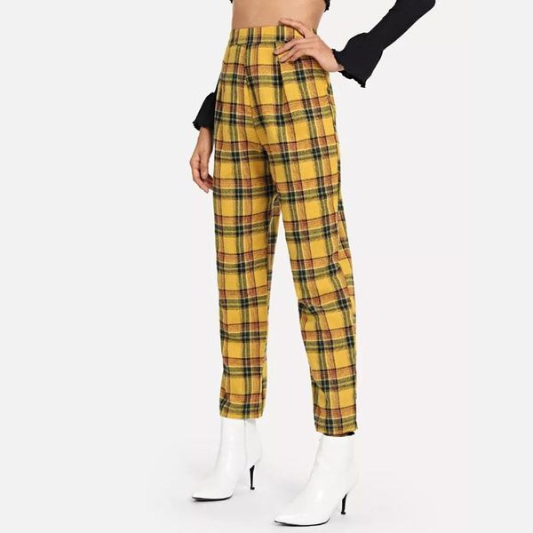 

women's pants & capris high waist plaid women cotton yellow straight casual loose trousers pantalones de mujer pantalon femme spodnie d, Black;white