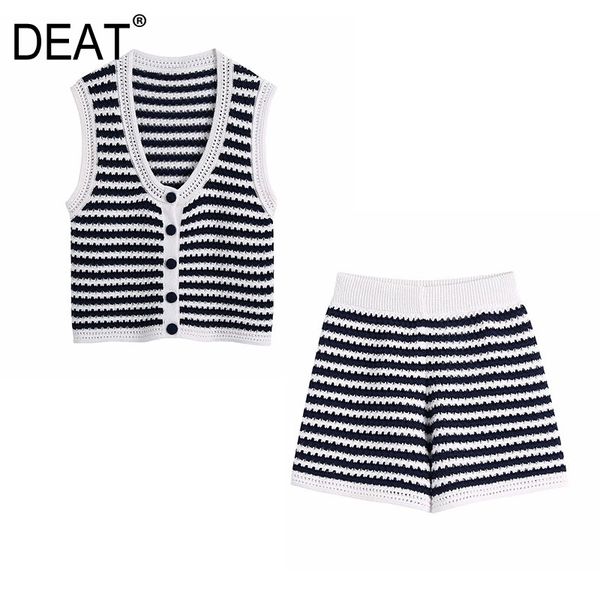 

[deat] summer fashion sleeveless single-breasted knitting vest high waist stripe shorts women two-piece suit 13q236 210527, White