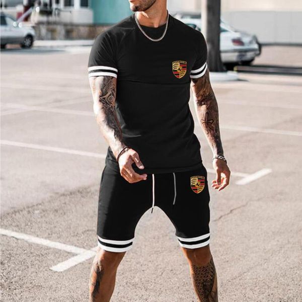 

men's tracksuits 2021 style summer stitching short-sleeved shorts suit, sports and leisure slim striped cuffs, Gray