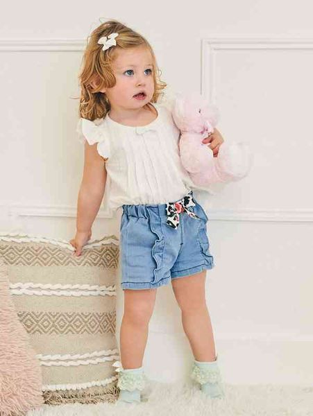 

baby bow front ruffle trim denim shorts she, Blue