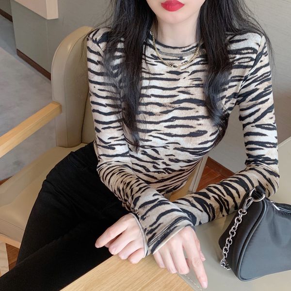 

women clothing casual printed zebra-stripe long-sleeved t-shirt women's slim-fit o neck harajuku woman tshirts 010e 210420, White