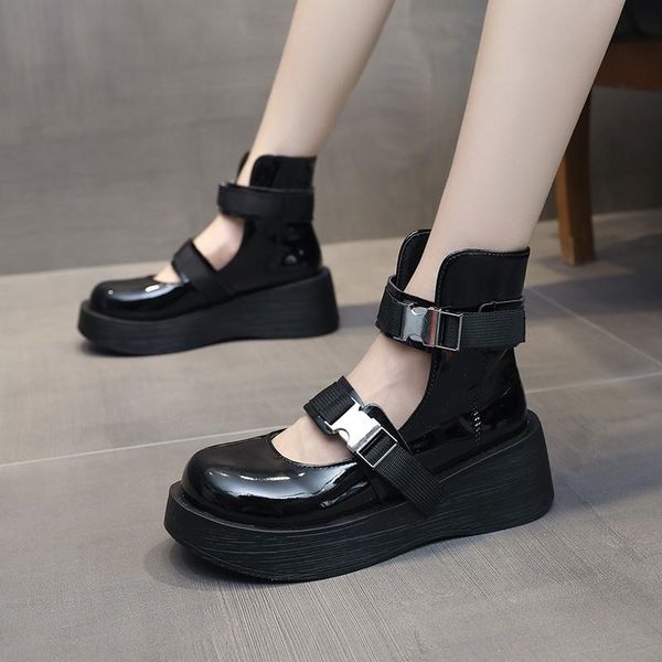 

dress shoes lolita woman buckle ankle strap platform shoe women patent leather thick sole punk hollow outs retro motorcycle boot, Black