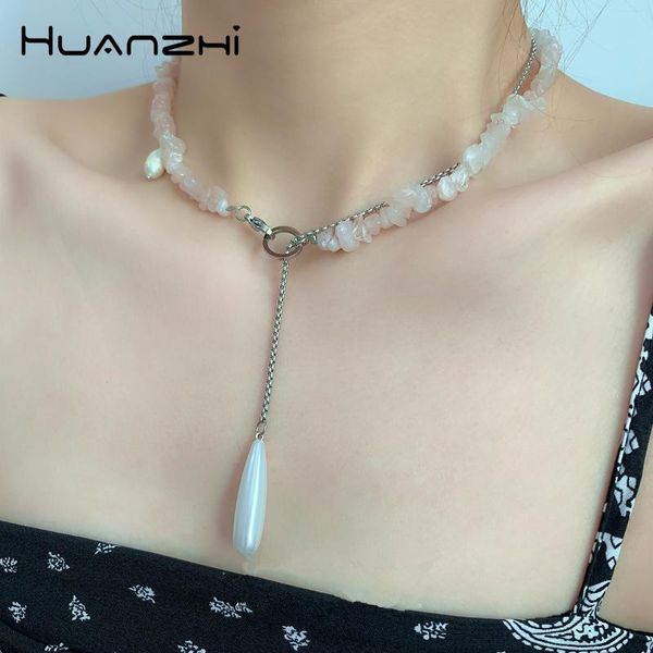 

pendant necklaces huanzhi 2021 vintage sweet pink irregular natural stone beaded imitation pearl necklace for women party jewelry, Silver