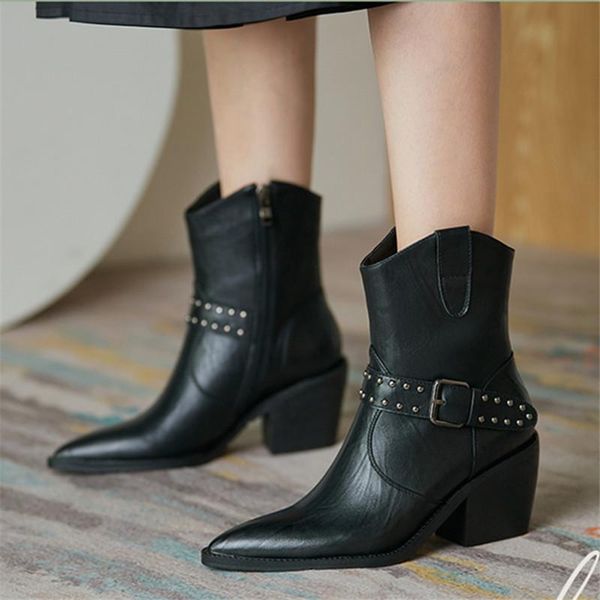 

boots western ankle cowboy women's fashion pointed toe shoes women thick high heels ladies autumn large siz, Black