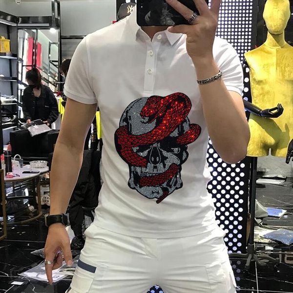 

teen jogging short sleeved men polos high elasticity rhinestone shining male skull lapel base sweat absorbent shirt, White;black