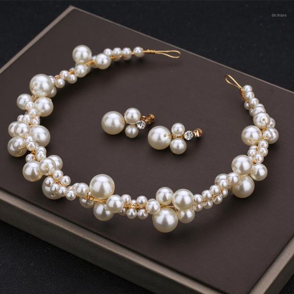 

baroque pearls beads headband tiara vintage headpiece crown princess girl hairbands wedding accessories bridal hair jewelry bun maker1, Brown