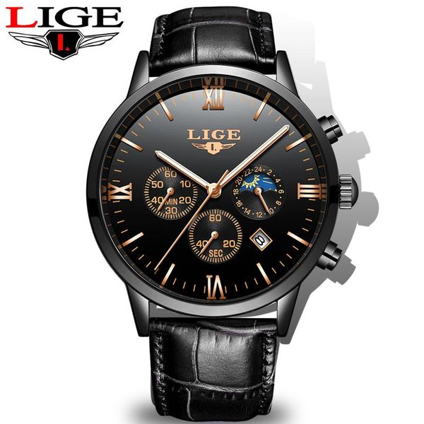 

wristwatches lige mens watches military sport watch men leather chronograph waterproof quartz clock relogio masculino, Slivery;brown