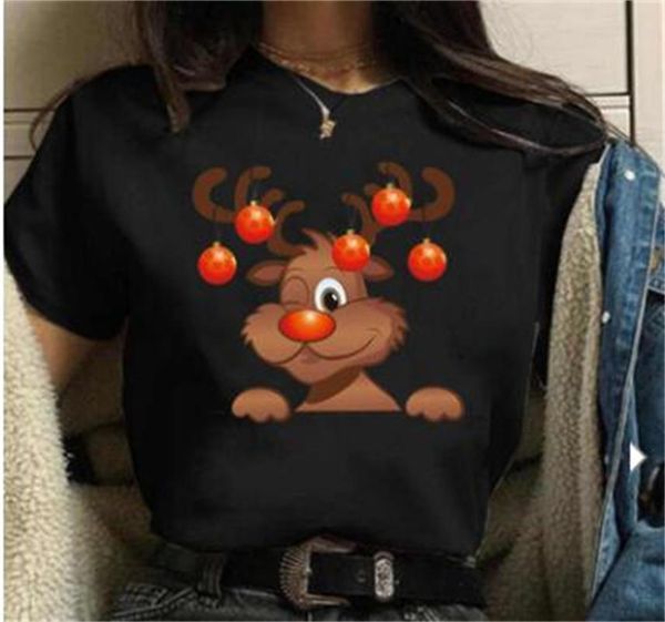 

women's t-shirt christmas snowman reindeer beer cartoon print harajuku casual ladies round neck loose black short sleeve, White