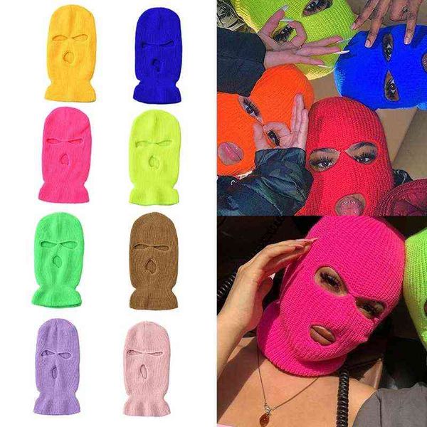 

knitted 3 hole face ski mask winter balaclava warm knit full face mask for outdoor sports color optional y21111, Blue;gray