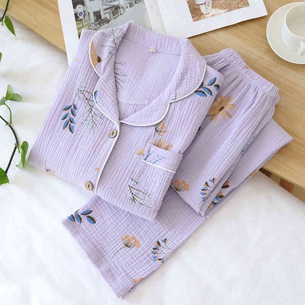

women gauze pajamas long sleeve spring pajama set purple lavender print sleepwear 2 piece casual loose nightwear, Black;red