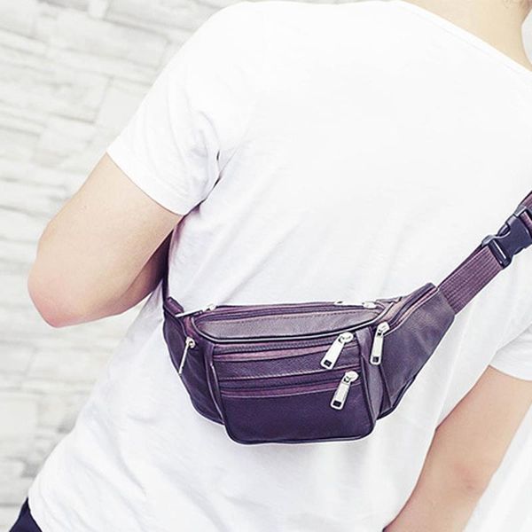 

men's waist bag pu leather bag belt purse large phone pouch black zipper waist packs chest phone pouch fashion money belt bag