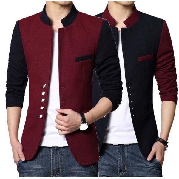 

men's suits & blazers 2021 spring and autumn youth stand collar men blazer color blocking patchwork design casual tunic single breasted, White;black