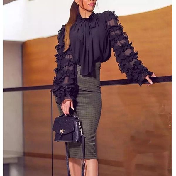 

women's blouses & shirts women long sleeve tuxedo black lace sheer elegant bow wild temperament fashion voile, White