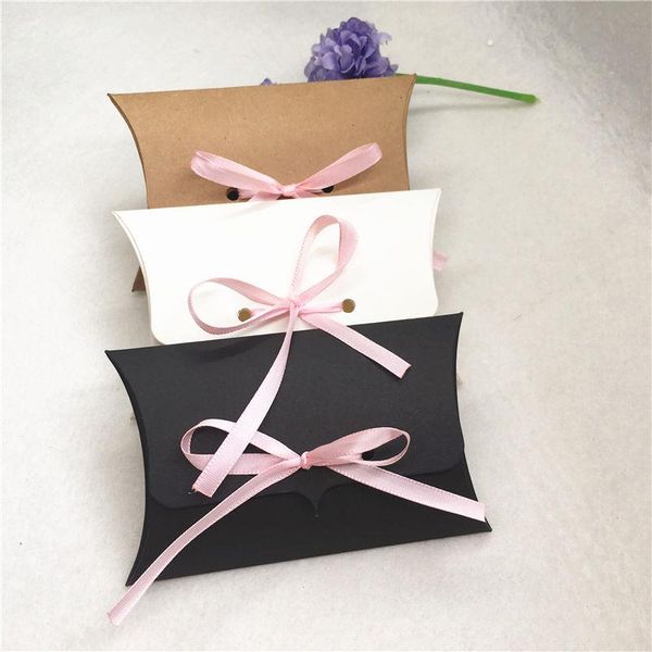 

gift wrap 50pcs/lot paperboard kraft paper pillow boxes for wedding anniversary chocolate gifts diy container with ribbons wholesale