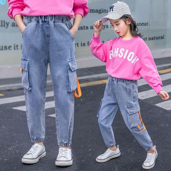 

kids girl pockets jeans teenage girls elastic waist denim pants spring autumn children casual trousers clothes for a127, Blue