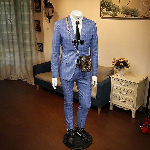 

men's suits & blazers xm geeki spring blue checkered business slim suit wedding bridegroom single breasted, White;black