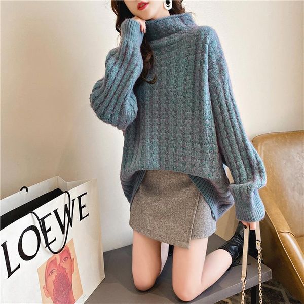 

women's sweaters check woman winter thick sweater solid female casual long loose knitted pulls half turtleneck womans, White;black