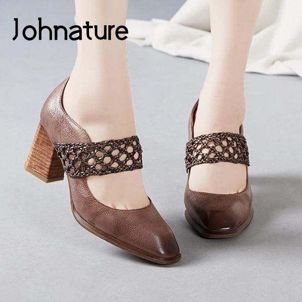 

dress shoes johnature retro high heels women 2021 spring genuine leather elastic band casual square toe platform ladies, Black