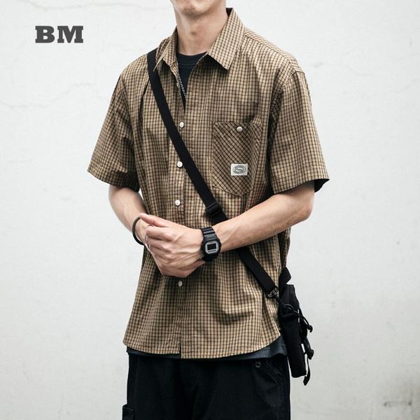 

men's casual shirts summer japanese streetwear retro short sleeve plaid shirt 2021 harajuku lapel men clothing korean fashi, White;black