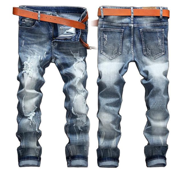 

men's jeans shzq straight denim trousers broken hip-hop stretch light blue plus size men spring and summer brand casual la