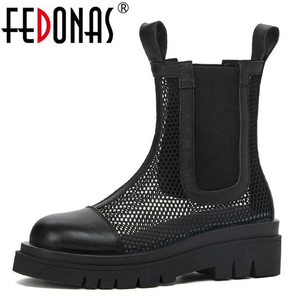 

dress shoes fedonas concise chunky heels women summer boots genuine leather platform elastic band woman 2021 night club pumps, Black