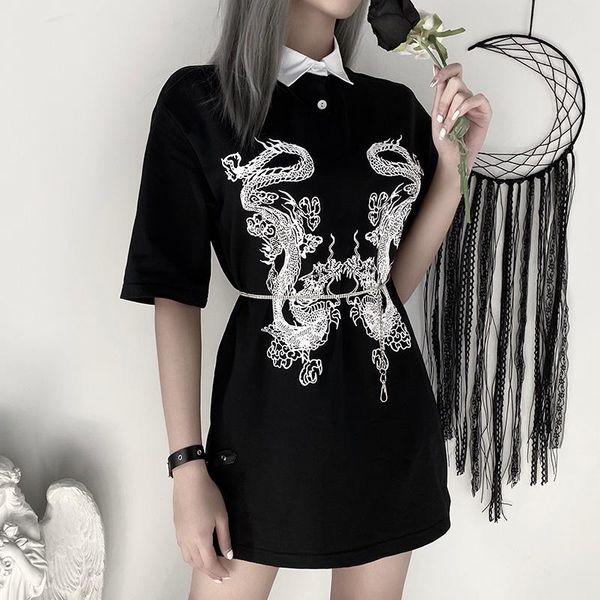

women's t-shirt black loose long t-shirts women gothic streetwear punk dragon print short sleeve female tee, White