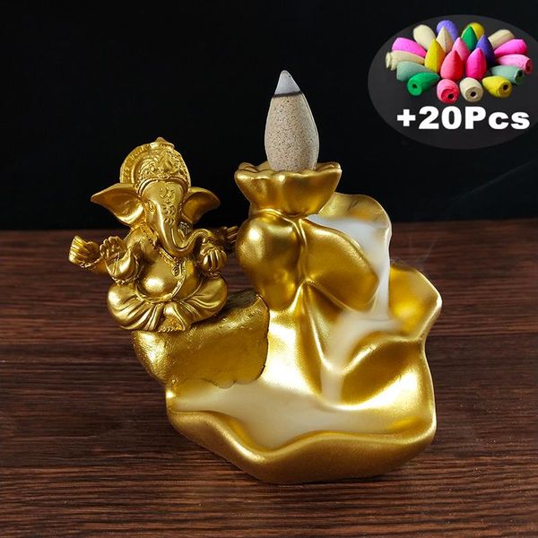 

fragrance lamps golden backflow incense burner with ganesha statue buddha elephant god resin stick holder cone aroma censer home decor