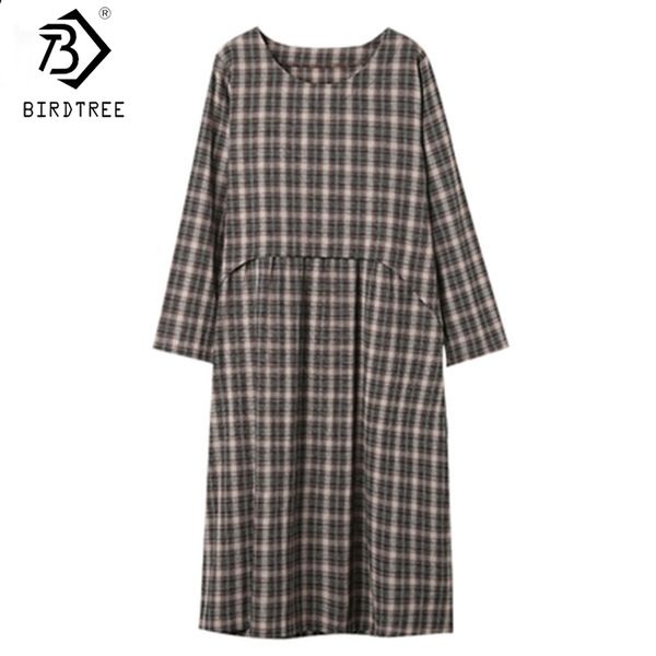 

oversize plaid women dress autumn patchwork fake 2 pcs o-neck long sleeve plus size ladies loose midi dresses d08927k 210419, Black;gray