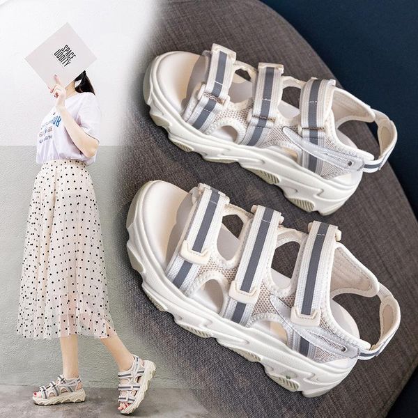 

creepers patchwork cut-out beach sandals women thick open toe muffins slippers mesh light sneakers height increasing shoes, Black