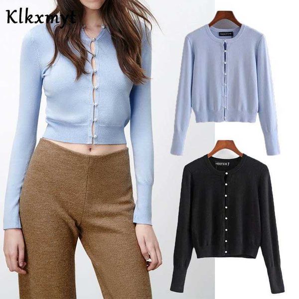 

klkxmyt za women fashion pearl buttons knitted cropped cardigan woman sweater long sleeve spring jacket female 210527, White