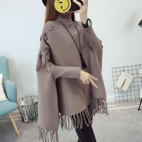 

women's sweaters [ewq] autumn winter bat sleeve shawl cloak coat hem tassel loose pullover turtleneck sweater female 16e4499, White;black